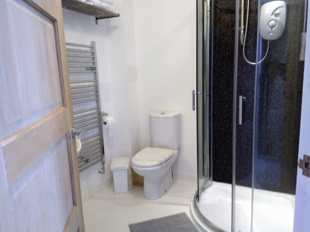 Ensuite shower room at Staffin B&B Isle of Skye - Tigh-Na-Mara - shower, towels, towel radiator, white toilet 